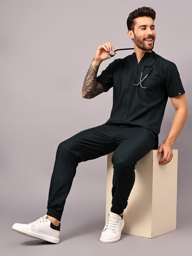 Stretchable (4Way) Male Mid Night Green Mandarin Neck with Jogger Scrub Set