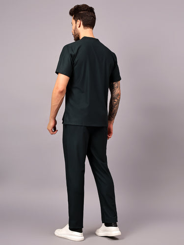 Stretchable (4Way) Male Mid Night Green Mandarin Neck with Straight Pant Scrub Set