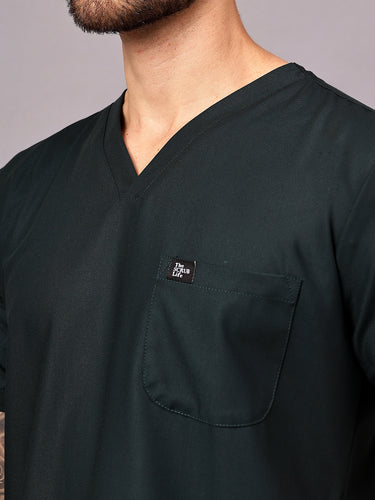 Stretchable (4Way) Male Mid Night Green V-Neck With Straight Pant Scrub Set