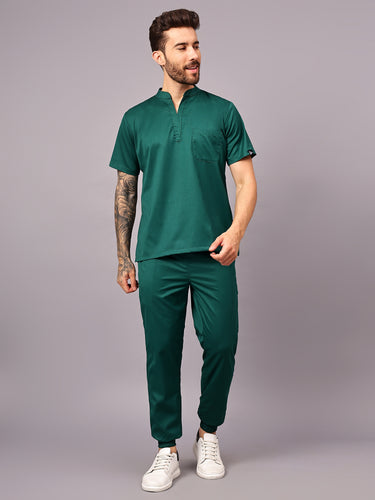 Stretchable (2Way) Male Hunter Green Mandarin Neck With Jogger Scrub Set