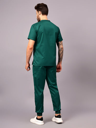 Stretchable (2Way) Male Hunter Green Mandarin Neck With Jogger Scrub Set