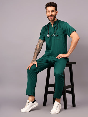 Stretchable (2Way) Male Hunter Green Mandarin Neck With Straight Pant Scrub Set