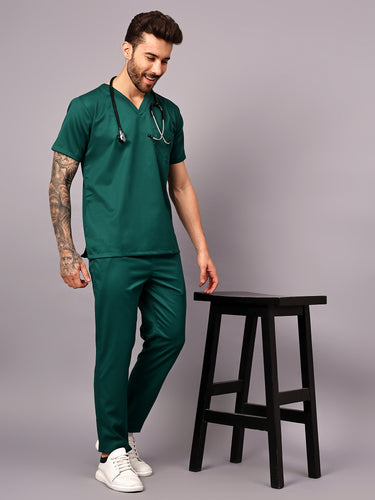 Stretchable (2Way) Men Hunter Green V Neck With Straight Pant Scrub Set