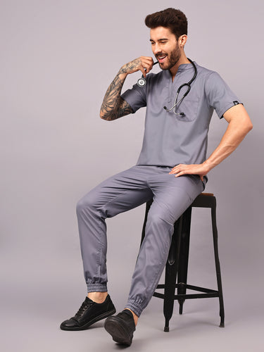 Stretchable (2Way) Male Graphite Mandarin Neck With Jogger Scrub Set