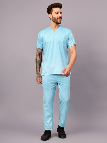 Stretchable (2Way) Male Aqua Blue V-Neck With Straight Pant Scrub Set
