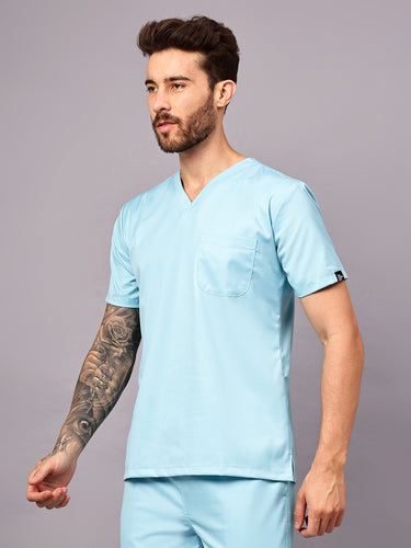 Stretchable (2Way) Male Aqua Blue V-Neck Scrub Top