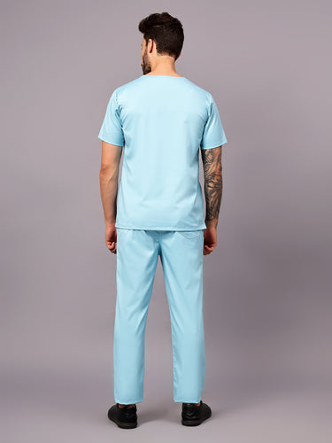 Stretchable (2Way) Male Aqua Blue V-Neck With Straight Pant Scrub Set