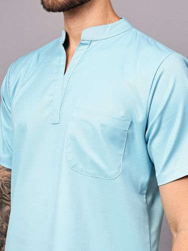 Stretchable (2Way) Male Aqua Blue Mandarin Neck With Straight Pant Scrub Set