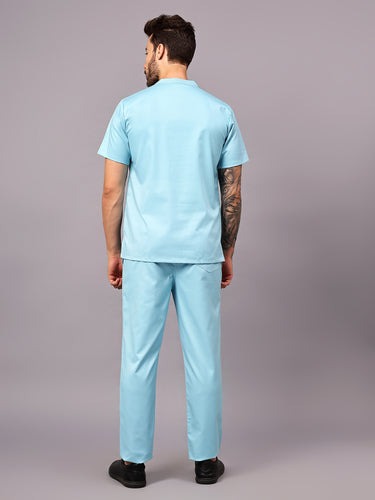 Stretchable (2Way) Male Aqua Blue Mandarin Neck With Straight Pant Scrub Set