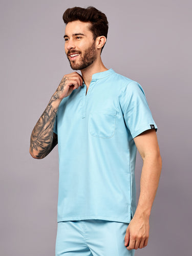 Stretchable (2Way) Male Aqua Blue Mandarin Neck Scrub Top