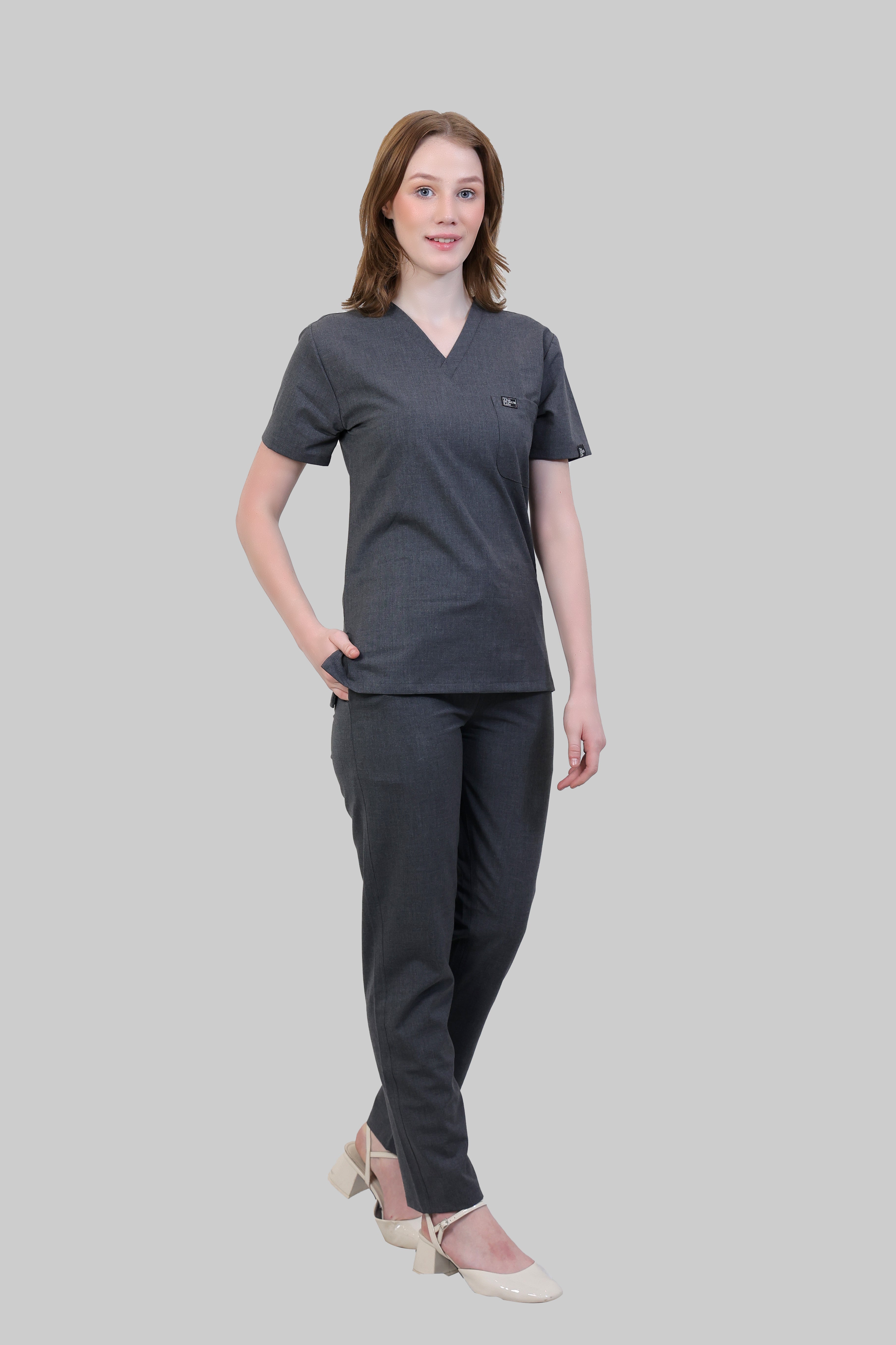 Grey Scrub Tech Stretchable (4Way) Women Charcoal Grey V Neck With Straight Pant Scrub ...