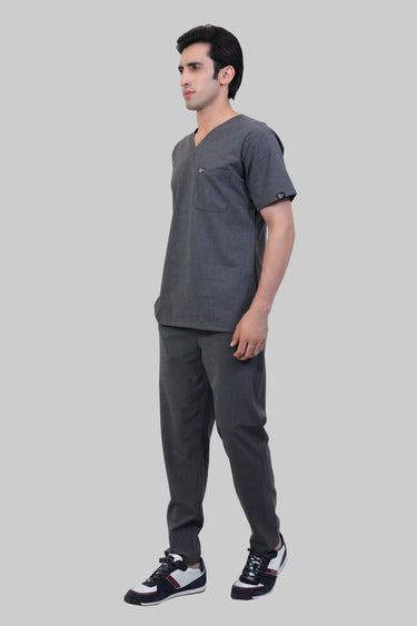 Stretchable (4Way) Male Charcoal Grey V-Neck With Straight Pant Scrub Set