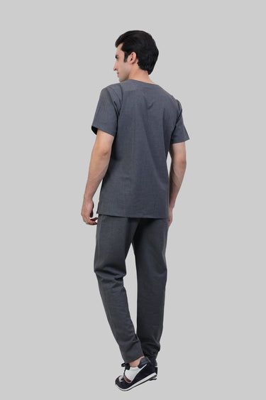 Stretchable (4Way) Male Charcoal Grey V-Neck With Straight Pant Scrub Set