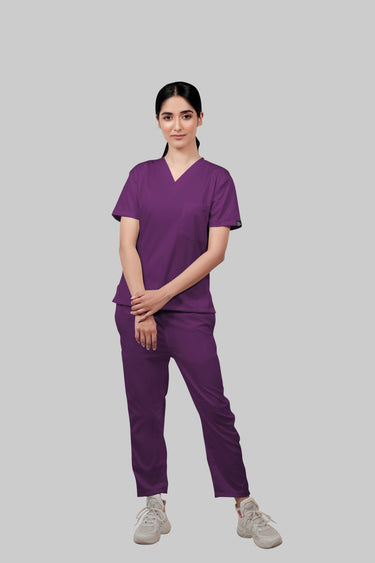 Stretchable (2Way) Female Purple V-Neck With Straight Pant Scrub Set