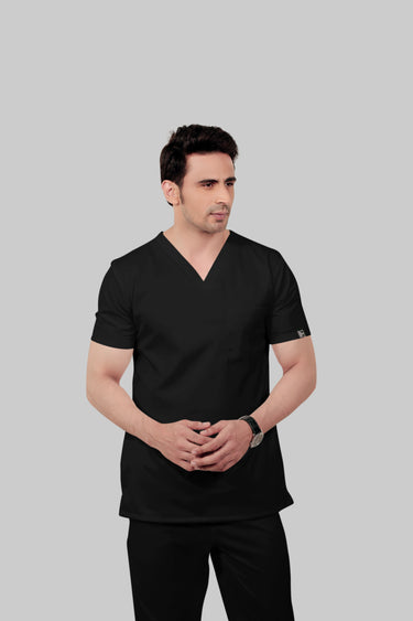 Stretchable (2Way) Male Black V-Neck With Straight Pant Scrub Set