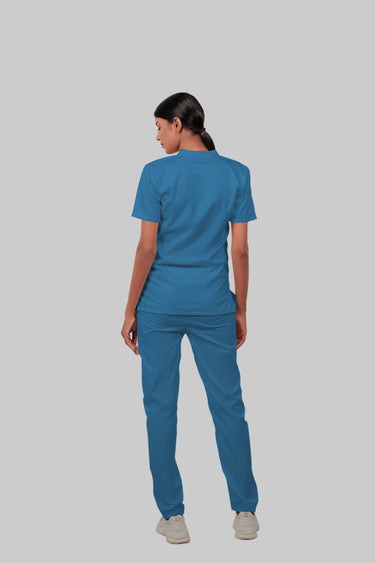 Stretchable (2Way) Female Peacock Blue Mandarin Neck With Straight Pant Scrub Set