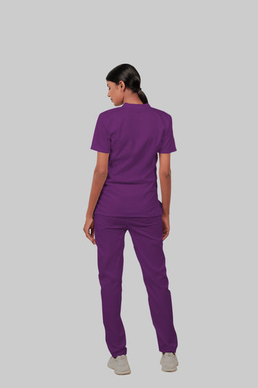 Stretchable (2Way) Female Purple Mandarin Neck With Straight Pant Scrub Set