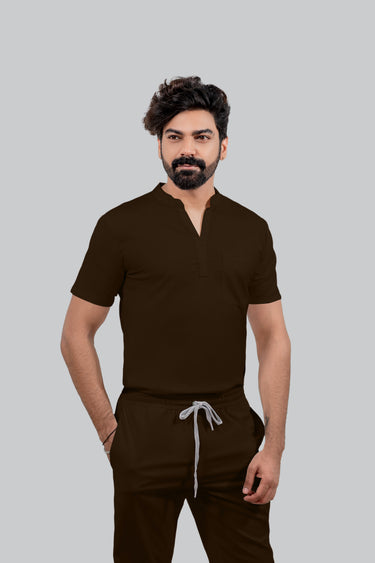 Stretchable (4Way) Male Brown Mandarin Neck Scrub Top