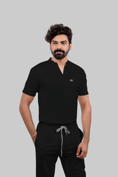 Stretchable (4Way) Male Black Mandarin Neck with Jogger Scrub Set