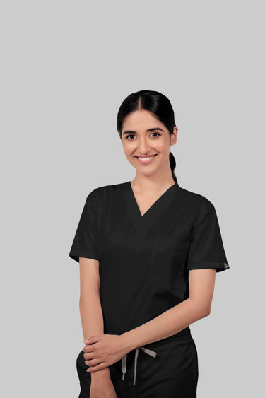Stretchable (4Way) Female Black V-Neck With Straight Pant Scrub Set