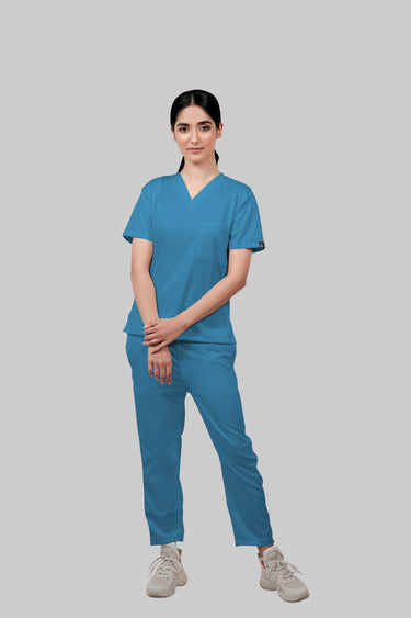 Stretchable (2Way) Female Peacock Blue V-Neck With Straight Pant Scrub Set
