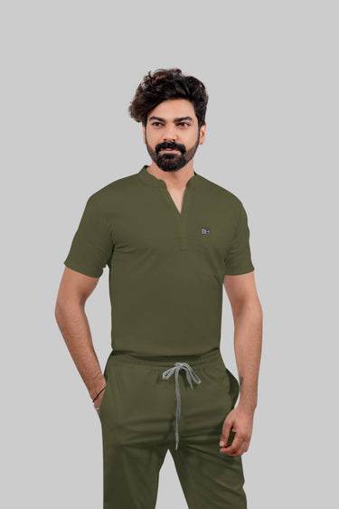 Stretchable (4Way) Male Olive Green Mandarin Neck with Straight Pant Scrub Set
