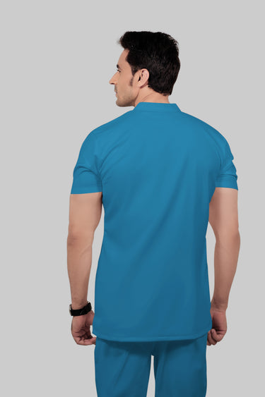 Stretchable (2Way) Male Peacock Blue Mandarin Neck With Straight Pant Scrub Set