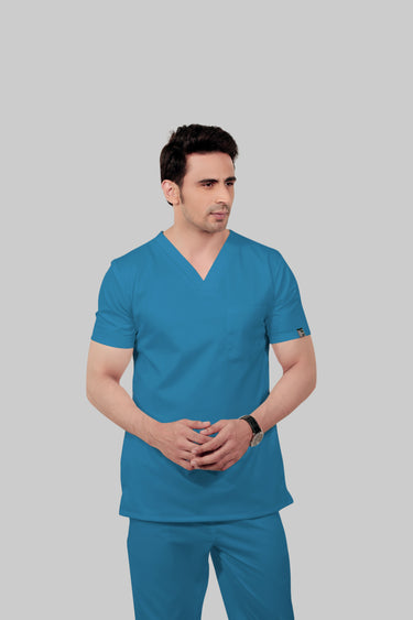 Stretchable (2Way) Male Peacock Blue V-Neck With Straight Pant Scrub Set