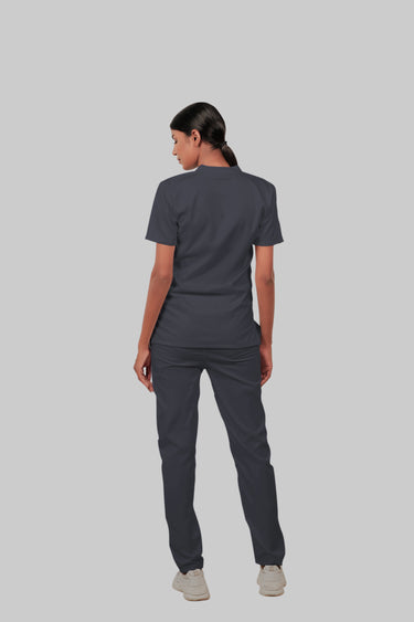 Stretchable (2Way) Female Dark Gray Mandarin Neck With Straight Pant Scrub Set