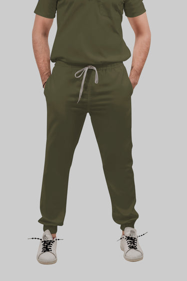 Stretchable (4Way) Male Olive Green V-Neck With Jogger Scrub Set