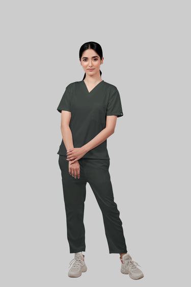 Stretchable (2Way) Female Bottle Green V-Neck With Straight Pant Scrub Set