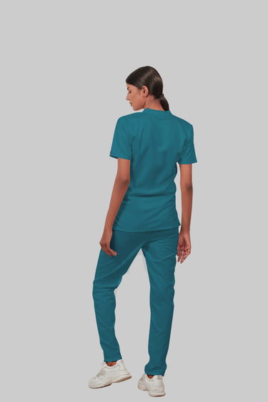 Stretchable (4Way) Female Peacock Blue Mandarin Neck With Straight Pant Scrub Set