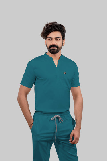 Stretchable (4Way) Male Peacock Blue Mandarin Neck with Straight Pant Scrub Set