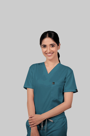 Stretchable (4Way) Female Peacock Blue V-Neck With Jogger Scrub Set