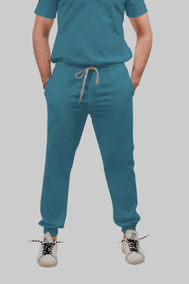 Stretchable (4Way) Male Peacock Blue V-Neck With Jogger Scrub Set