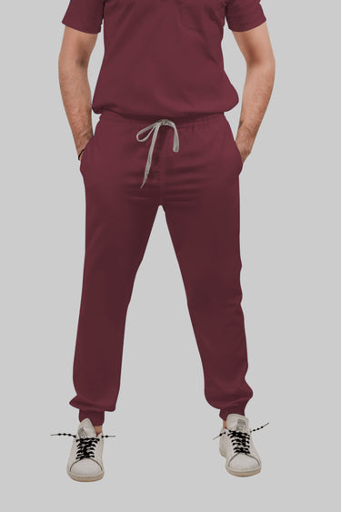 Stretchable (4Way) Male Burgundy V-Neck With Jogger Scrub Set