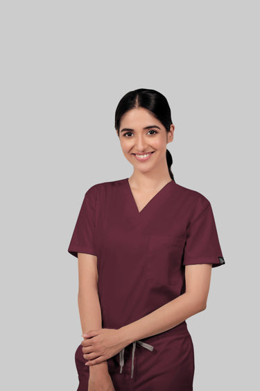 Stretchable (4Way) Female Burgundy V-Neck With Straight Pant Scrub Set