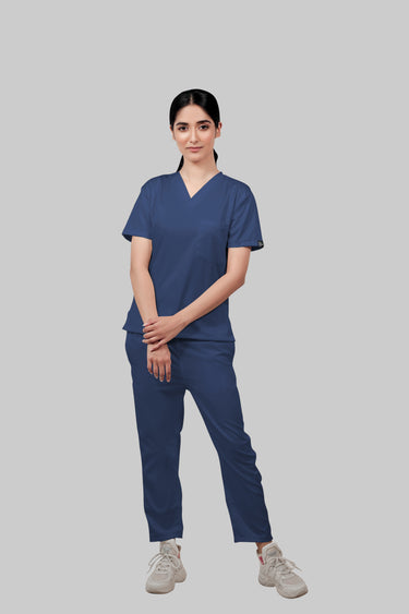 Stretchable (2Way) Female Navy Blue V-Neck With Straight Pant Scrub Set