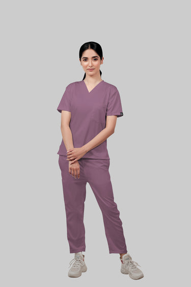 Stretchable (2Way) Female Lilac V-Neck With Straight Pant Scrub Set