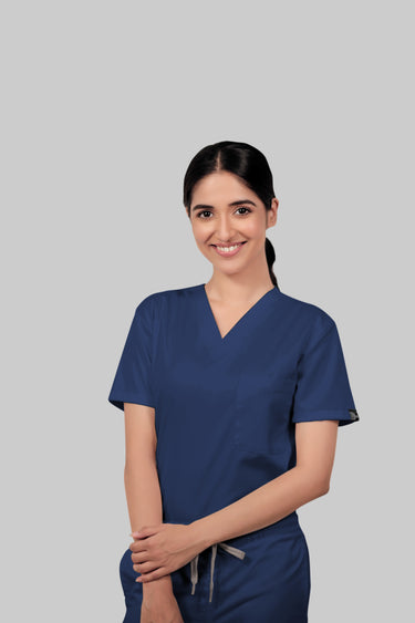 Stretchable (4Way) Female Royal Blue V-Neck With Straight Pant Scrub Set