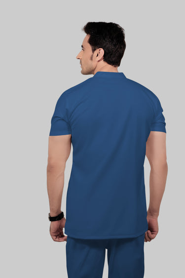 Stretchable (2Way) Male Steel Blue Mandarin Neck With Straight Pant Scrub Set