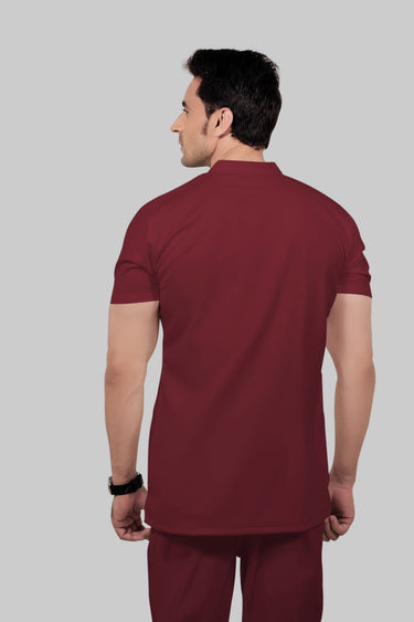 Stretchable (2Way) Male Maroon Mandarin Neck With Straight Pant Scrub Set
