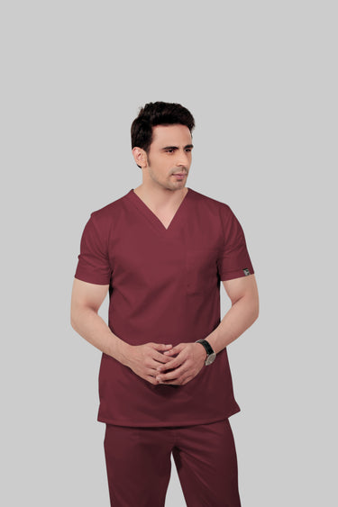 Stretchable (2Way) Male Maroon V-Neck With Straight Pant Scrub Set