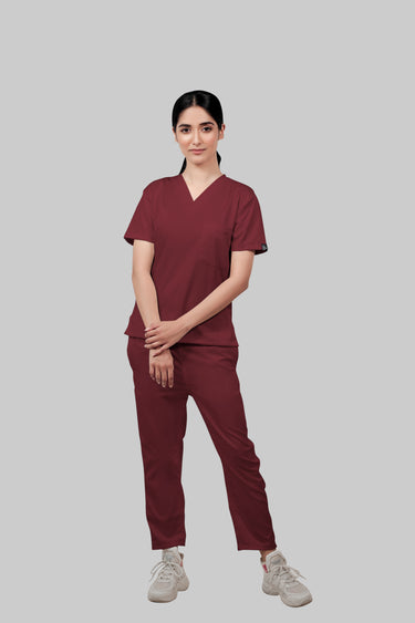 Stretchable (2Way) Female Maroon V-Neck With Straight Pant Scrub Set