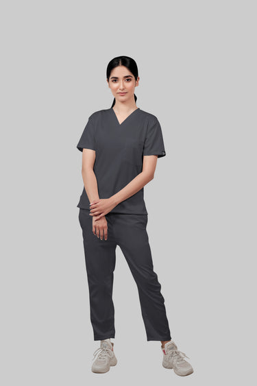 Stretchable (2Way) Female Dark Gray V-Neck With Straight Pant Scrub Set