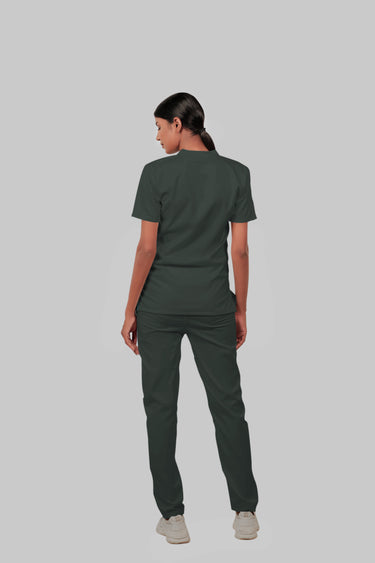 Stretchable (2Way) Female Bottle Green Mandarin With Straight Pant Scrub Set