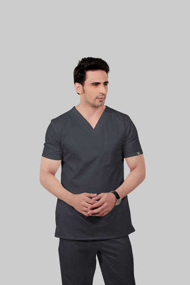 Stretchable (2Way) Male Dark Gray V-Neck With Straight Pant Scrub Set