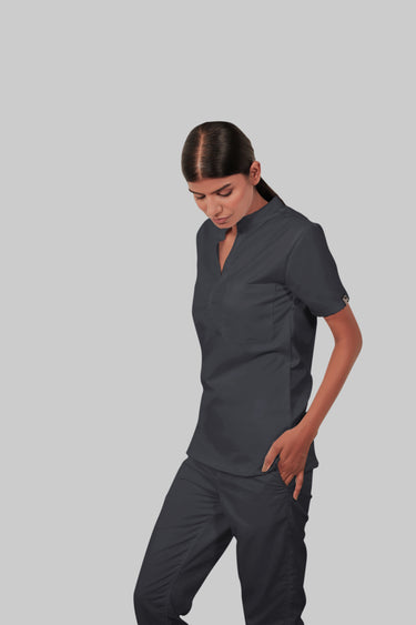 Stretchable (2Way) Female Dark Gray Mandarin Neck Scrub Top