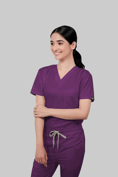 Stretchable (2Way) Female Purple V-Neck With Straight Pant Scrub Set