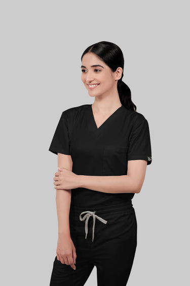 Stretchable (2Way) Female Black V-Neck With Straight Pant Scrub Set